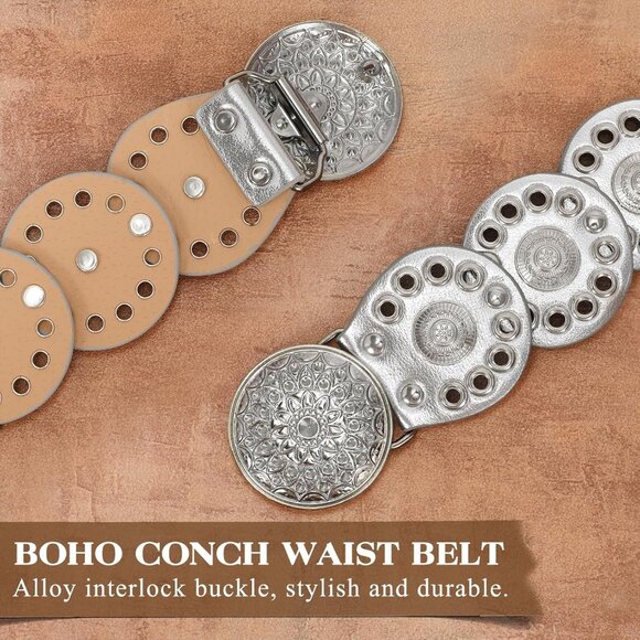 Women Vintage Disc Waist Concho Leather Belt Boho Waist Belt Silver Buckle - Picture 3 of 7